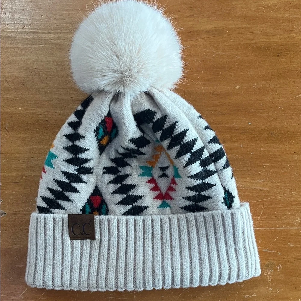 CC Boutique Aztec Print Knit Beanie with Pom Pom - Cream and Black
